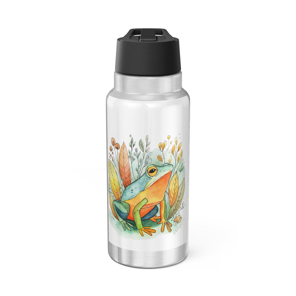 32oz stainless steel insulated tumbler with watercolor frog sitting among colorful autumn leaves and foliage by Patty Sapere