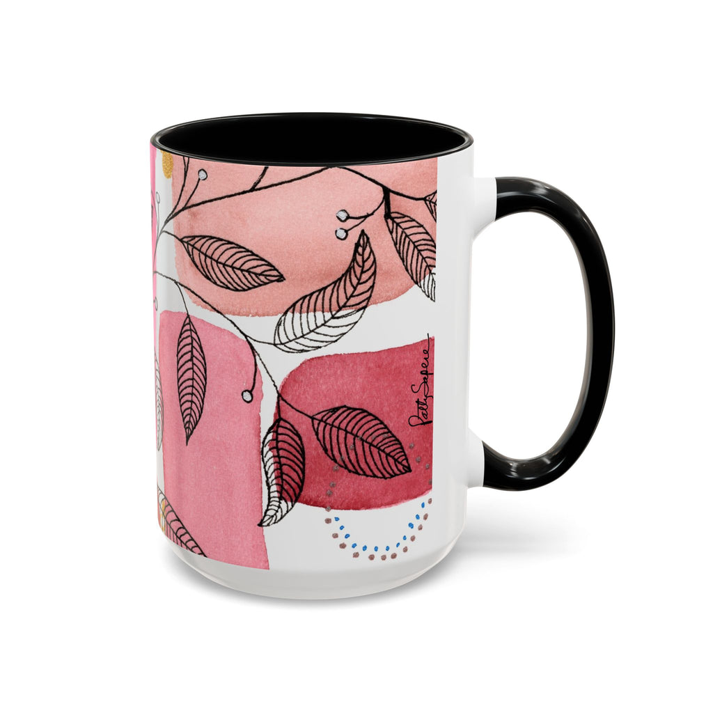 Pink Botanical Art Mug – Watercolor Leaf Accent Coffee Mug (15oz)