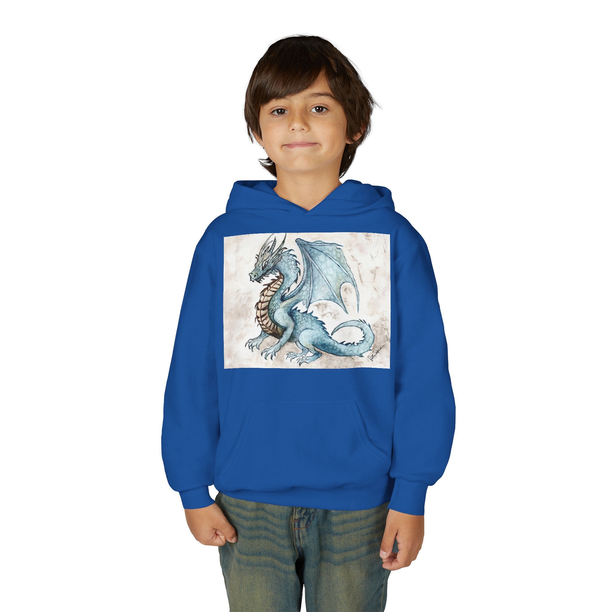 Blue Dragon Youth Hoodie – Watercolor Fantasy Art for Kids