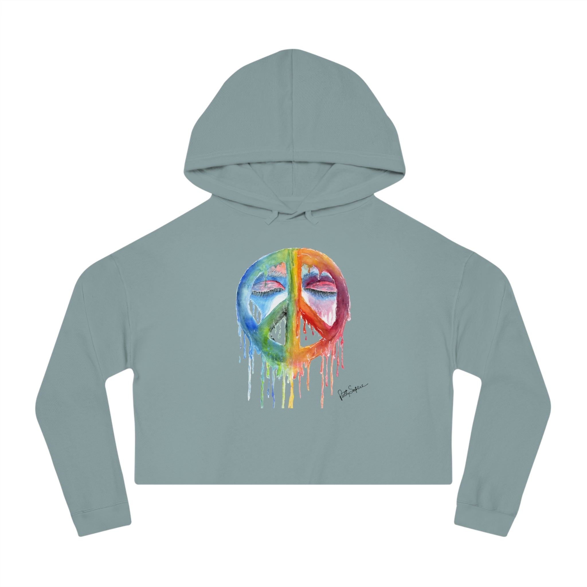 Peace Sign Watercolor Cropped Hoodie — Women's Rainbow Drip Graphic Sweatshirt