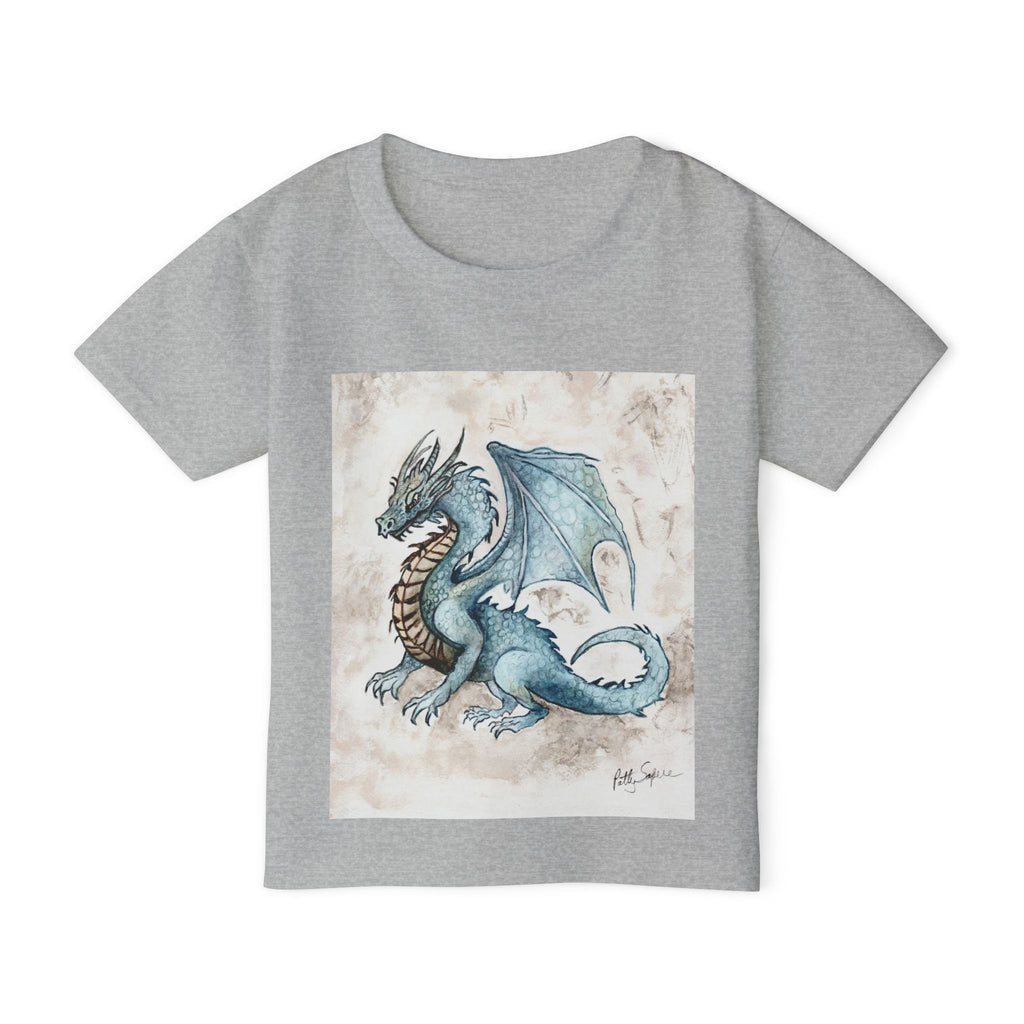 Heather grey toddler t-shirt with a watercolor blue dragon with spread wings and brown underbelly on a parchment background by Patty Sapere