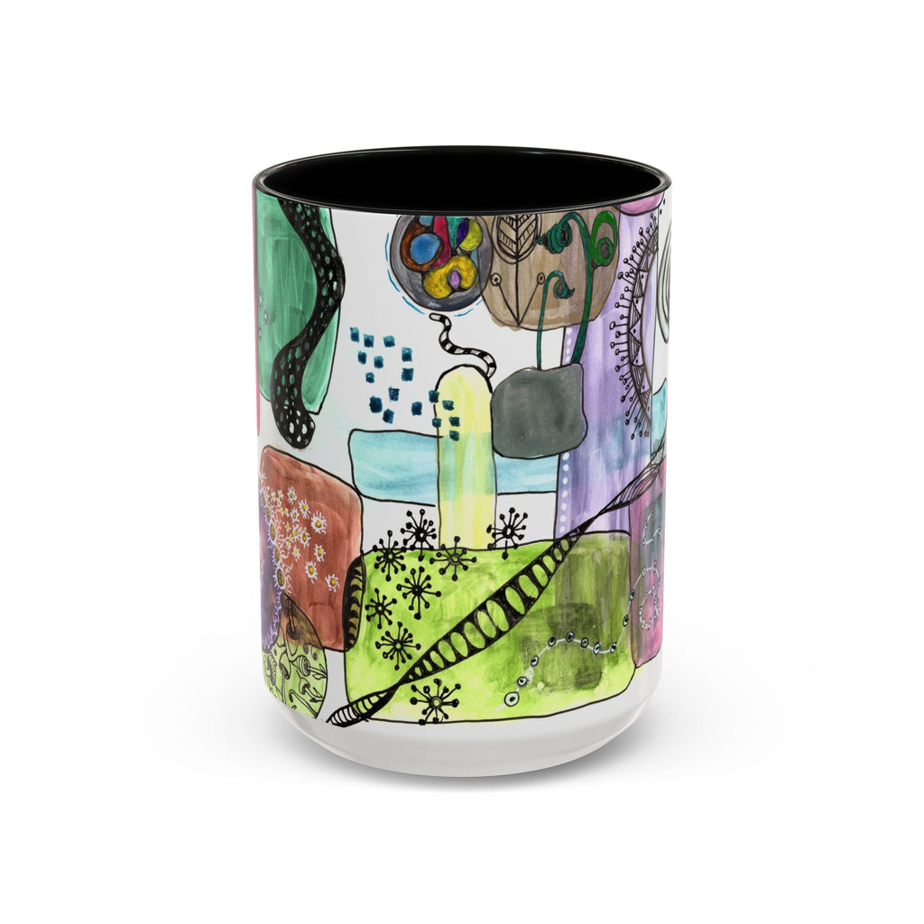 15oz ceramic accent coffee mug with colorful watercolor shapes and whimsical ink doodles of botanical forms and starburst patterns