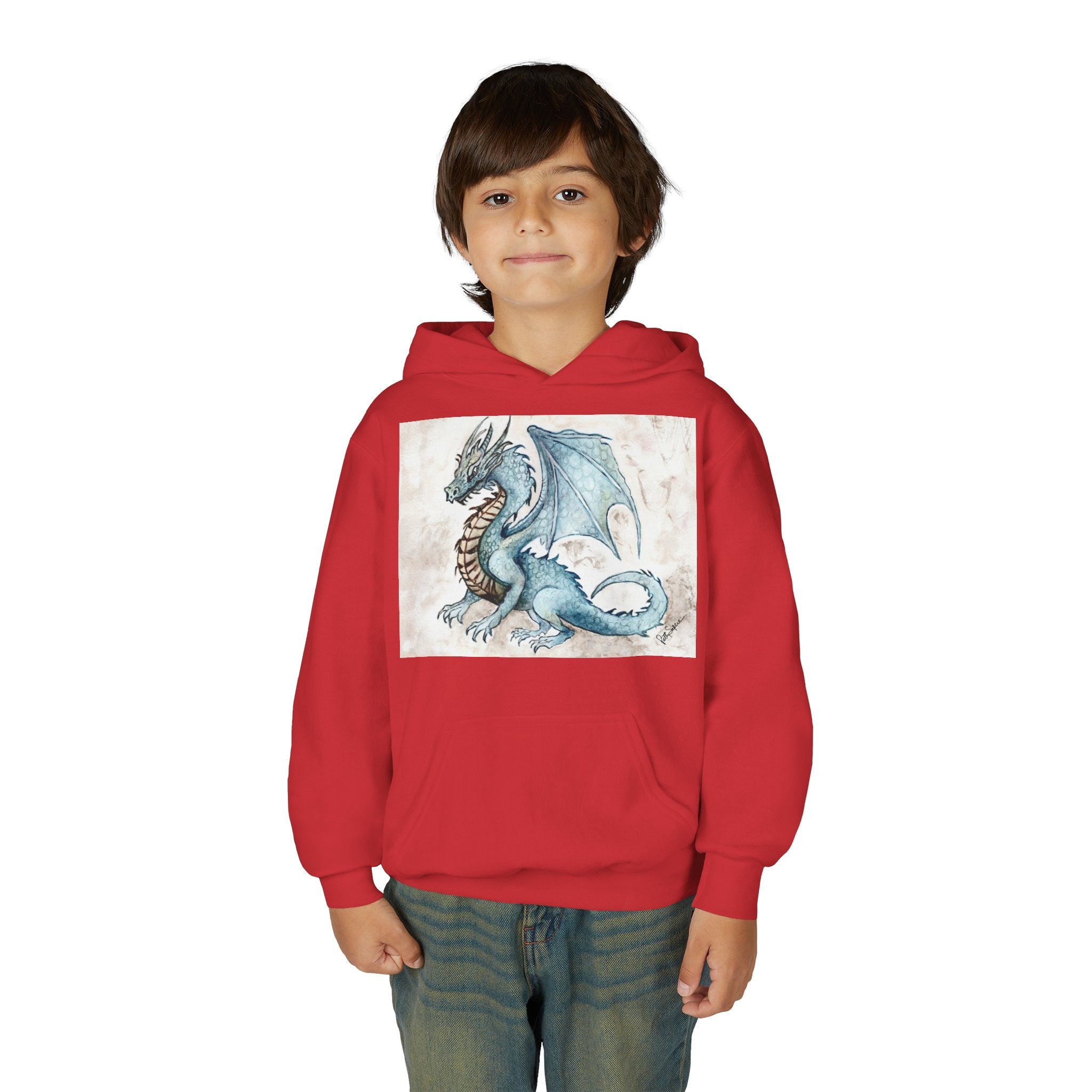 Blue Dragon Youth Hoodie – Watercolor Fantasy Art for Kids