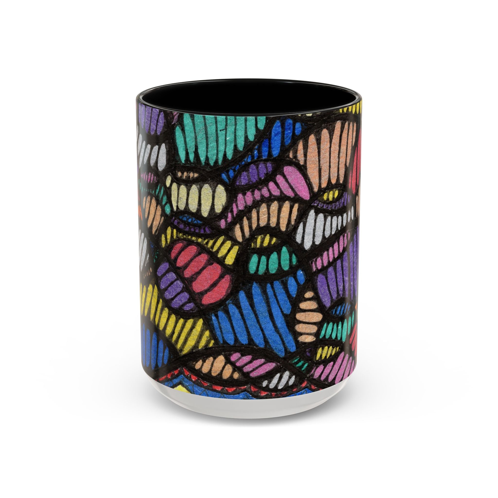 Ceramic accent coffee mug with vibrant rainbow zentangle petal pattern in stained glass style on dark background