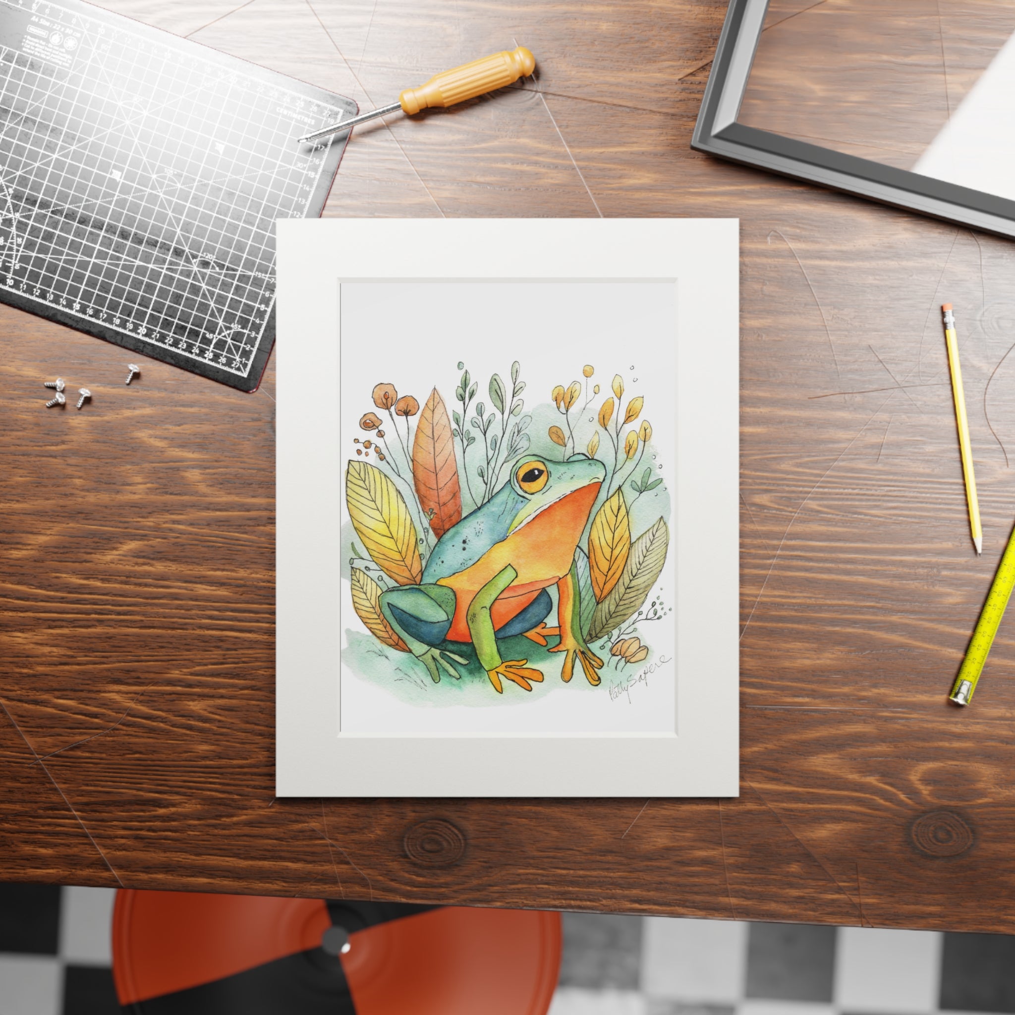 Frog Watercolor Fine Art Print with Passepartout Frame
