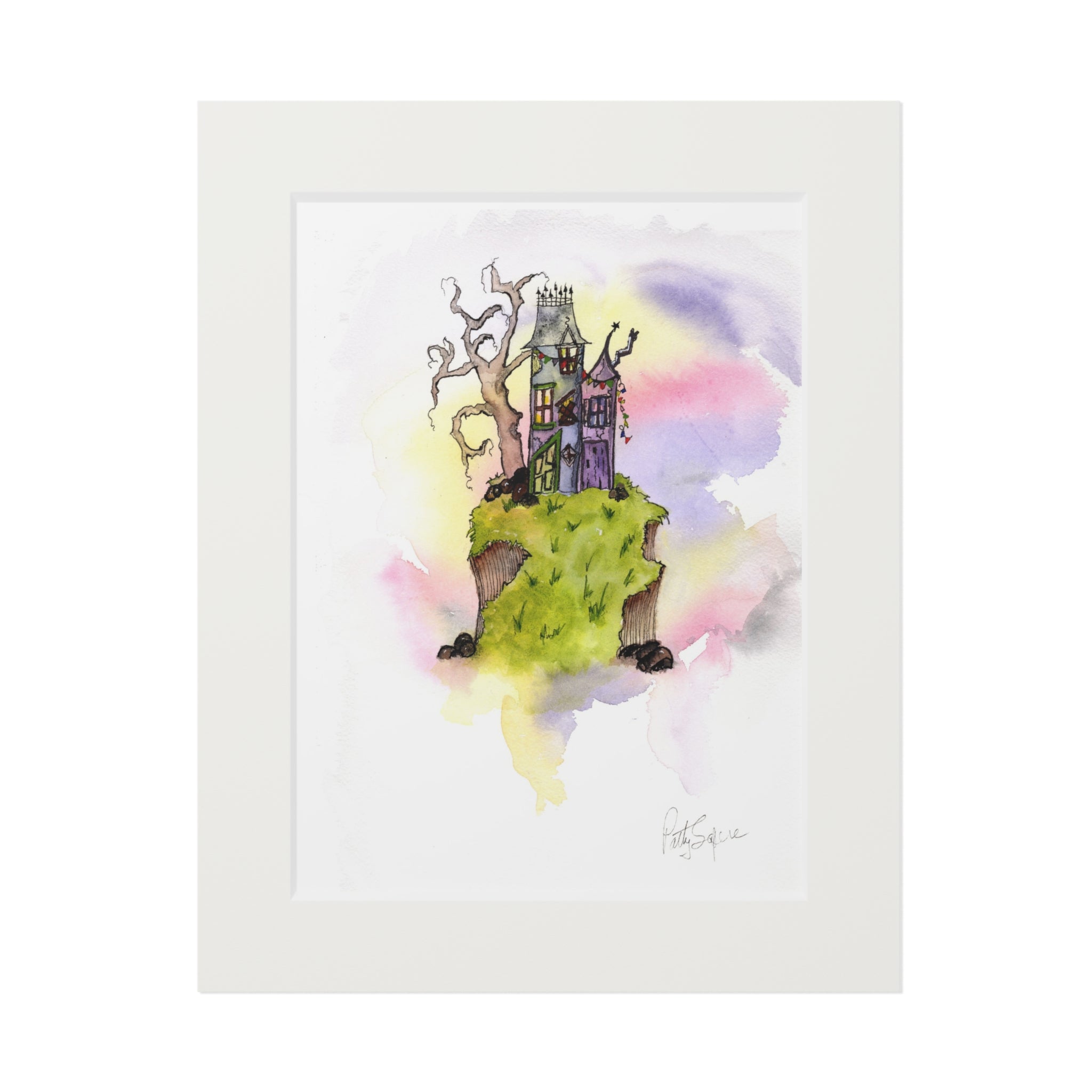 Purple and green houses on grassy cliff with bare tree and pink yellow purple sky – original watercolor by Patty Sapere